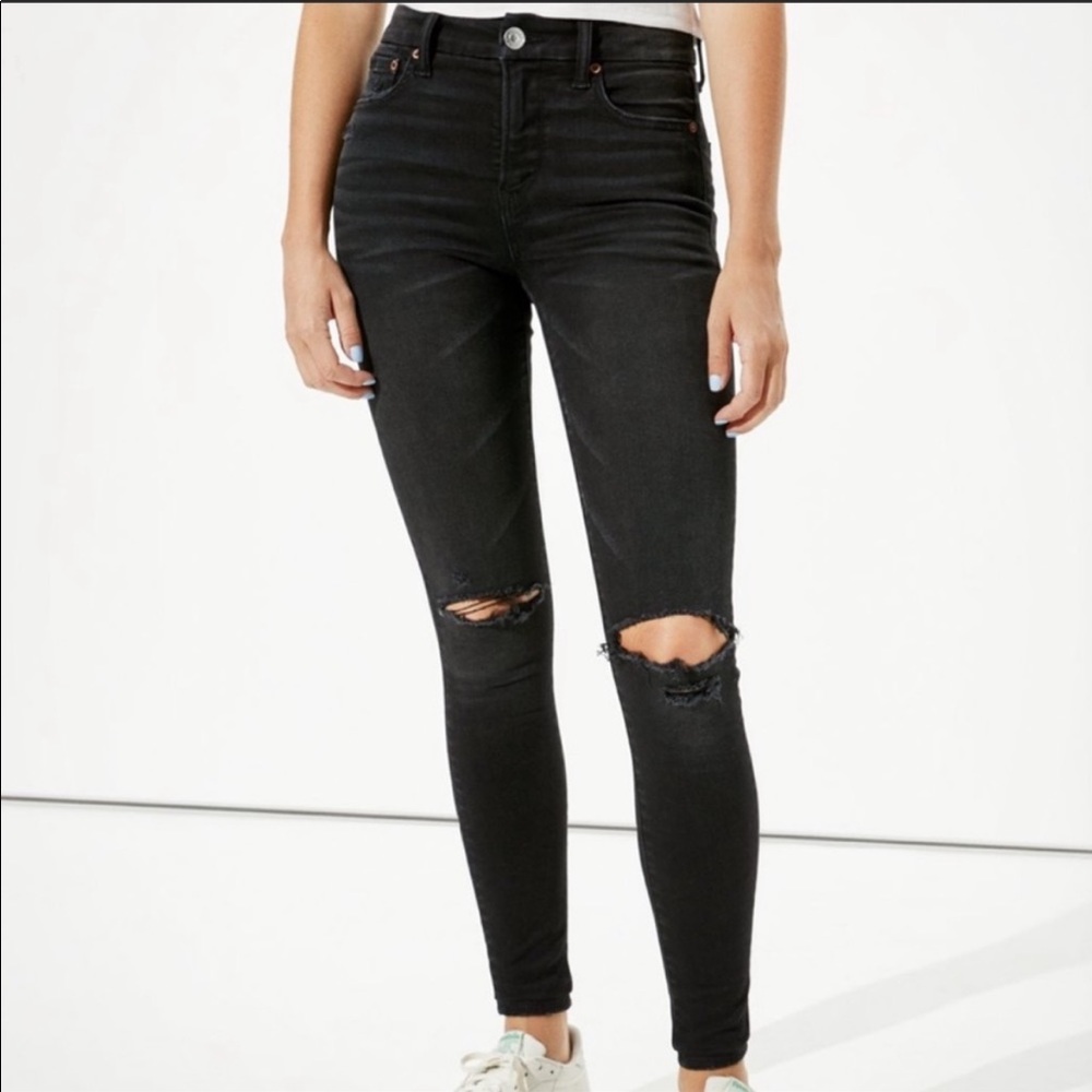 American Eagle Outfitters Black Ne(x)t Level Stretch Distressed Jeans Blown Knee